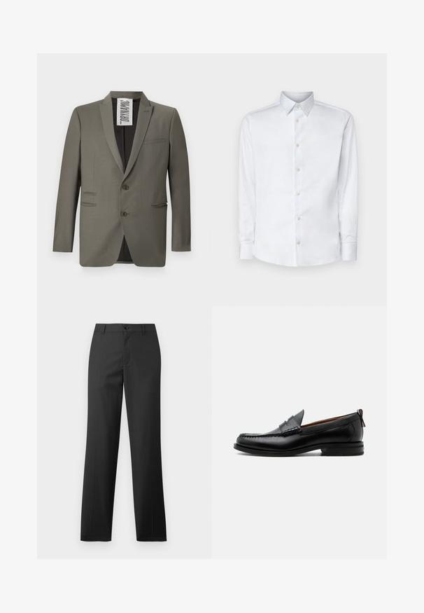Grå blazer med skræddersyet pasform, to knapper, stiklapeller og sidelommer; glat tekstur med en subtil glans.; Hvid langærmet skjorte lavet af glat stof, med en klassisk krave, knaplukning og manchetter med knapper, vist på en ensfarvet baggrund.; Samsøe Samsøe SAJOHNNY TROUSERS - Bukser - turkish coffee; Sort læder herre loafer med moc-tå syning, penny strop, struktureret krave og lav stablet hæl på hvid baggrund.