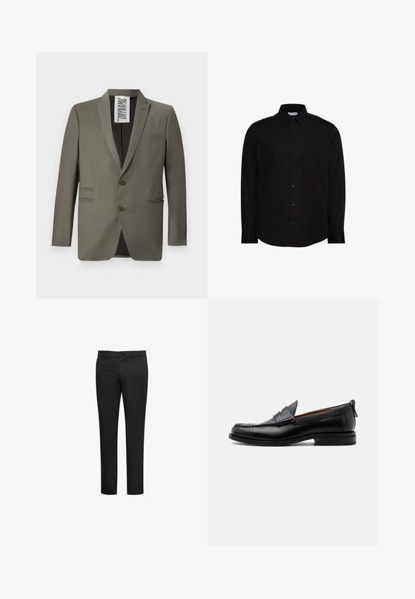 Blazer gris avec une coupe ajustée, deux boutons, revers crantés et poches latérales ; texture lisse avec un léger éclat.; Chemise noire à manches longues avec boutons, fabriquée en tissu lisse. Elle présente un col classique, une patte de boutonnage à l'avant, et un petit logo sur la poitrine.; Pantalon slim noir avec passants de ceinture, bouton devant et fermeture éclair, présenté sur un fond blanc uni.; Mocassin homme en cuir noir avec couture moc toe, bride penny, col texturé et petit talon empilé sur fond blanc.