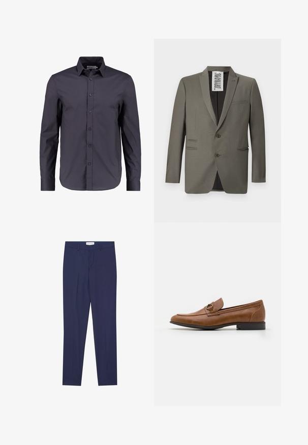 Grå blazer med skræddersyet pasform, to knapper, stiklapeller og sidelommer; glat tekstur med en subtil glans.; Mørk navy blå langærmet skjorte lavet af glat bomuld, med knaplukning fortil, klassisk krave og en skræddersyet pasform.; Marineblå bukser i glat stof med flad front, to sidelommer, lynlås i front og ren nederkant uden mønstre eller accenter.; Brune læder slip-ons med flad hæl, prydet med en dekorativ metalaccent foran, med et strømlinet design og glat tekstur.