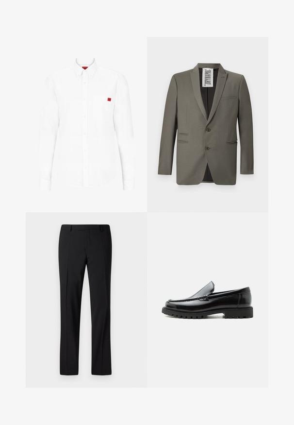 Blazer gris avec une coupe ajustée, deux boutons, revers crantés et poches latérales ; texture lisse avec un léger éclat.; Chemise blanche à manches longues en coton, avec un col boutonné, une poche poitrine et un petit badge logo rouge sur la poitrine.; Pantalons noirs ajustés avec une coupe droite, présentant une texture lisse, un devant plissé et une taille classique pour un look formel.; Mocassin en cuir noir avec semelle en caoutchouc épaisse, dessus cousu et nom de marque embossé sur le talon, présenté de profil sur fond blanc.