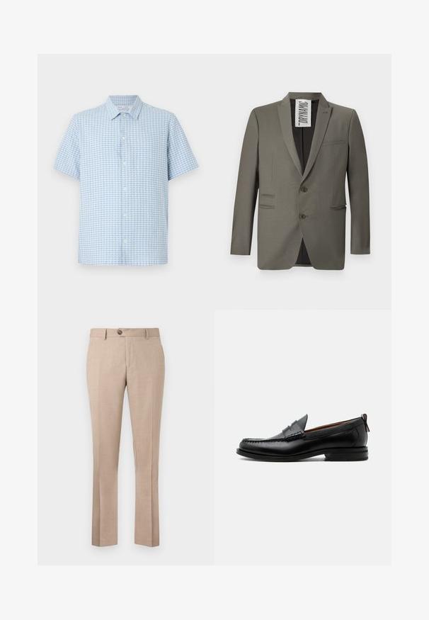 Blazer gris avec une coupe ajustée, deux boutons, revers crantés et poches latérales ; texture lisse avec un léger éclat.; Chemise à manches courtes bleu clair et blanc avec petit motif à carreaux et col classique sur fond blanc.; Pantalon beige en tissu léger, avec une coupe droite, fermeture par un unique bouton et deux poches à l'avant.; Mocassin homme en cuir noir avec couture moc toe, bride penny, col texturé et petit talon empilé sur fond blanc.