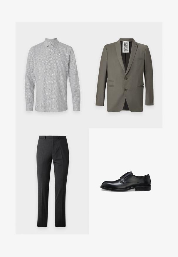 Grå blazer med skræddersyet pasform, to knapper, stiklapeller og sidelommer; glat tekstur med en subtil glans.; Hvid knap-op skjorte med et sort geometrisk mønster. Har lange ærmer, krave og en standard pasform.; Skræddersyede mørkegrå bukser med en glat tekstur, slim fit, flad front og standard talje. Har pressede folder og ingen synlige mønstre.; Sort poleret læder herresko med lukket snøresystem, lav hæl og diskret mærkedetalje nær hælen på hvid baggrund.