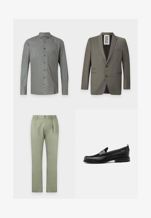 Blazer gris avec une coupe ajustée, deux boutons, revers crantés et poches latérales ; texture lisse avec un léger éclat.; Chemise à manches longues en tissu vert ornée d'un motif floral répété. Le col est boutonné, avec des boutons bruns sur le devant.; Pantalons vert clair en coton avec une coupe droite, fermeture à bouton et taille élastique pour un confort optimal.; Mocassin en cuir noir avec détail de bride grise, talon bas et semelle texturée, marqué "HUGO" en or sur le côté.