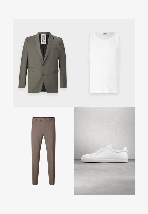 Grijze blazer met een getailleerde pasvorm, twee knopen, notch-revers en zijzakken; gladde textuur met een subtiele glans.; Witte katoenen mouwloze tanktop met een ronde halslijn en een gladde textuur. Eenvoudig ontwerp, geen patronen of accenten.; Bruine slim-fit formele broek met knoop en riemlussen, afgebeeld tegen een witte achtergrond.; Witte sneaker met een gladlederen bovenwerk en een laag profiel. Voorzien van een ronde neus, zes vetergaatjes en een gestructureerde rubberen zool.