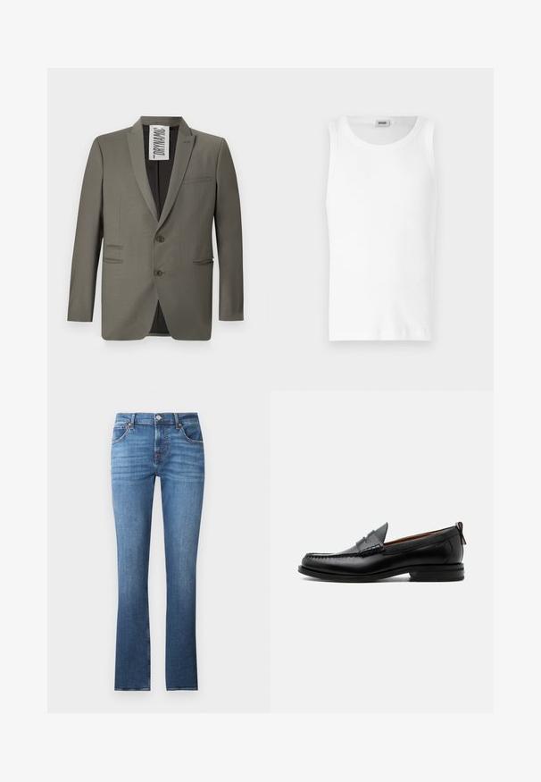 Grau blazer mit einer taillierten Passform, zwei Knöpfen, Reverskragen und seitlichen Taschen; glatte Textur mit einem dezenten Glanz.; Weißes Baumwoll-Tanktop ohne Ärmel mit Rundhalsausschnitt und glatter Textur. Einfaches Design, ohne Muster oder Akzente.; Blaue Jeans aus Denim mit geradem Bein, leicht ausgebleicht, fünf Taschen und Metallbeschlägen. Der Bund ist mit Gürtelschlaufen ausgestattet.; Schwarzer Leder-Herrenschuh mit Mokassinnaht, Penny-Riemen, strukturiertem Kragen und niedrigem gestapeltem Absatz auf weißem Hintergrund.