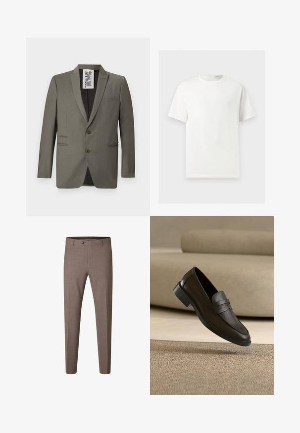 Grau blazer mit einer taillierten Passform, zwei Knöpfen, Reverskragen und seitlichen Taschen; glatte Textur mit einem dezenten Glanz.; Ein einfaches weißes T-Shirt mit kurzen Ärmeln und Rundhalsausschnitt, dargestellt auf einem hellgrauen Hintergrund.; Braune Slim-Fit formelle Hose mit Knopf und Gürtelschlaufen, vor weißem Hintergrund dargestellt.; Schwarzer Lederloafer, der auf einem beigen Teppich liegt, mit einem gebogenen beigen Sofa im Hintergrund.