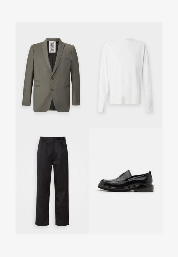 Blazer gris con un corte entallado, dos botones, solapas de muesca y bolsillos laterales; textura suave con un brillo sutil.; Camisa de algodón blanca de manga larga con cuello redondo, aberturas laterales en la parte inferior y una textura suave, exhibida desde la parte de atrás.; Pantalones negros de tela suave, con cierre delantero de botón, pliegues y patas rectas. Sin patrones ni acentos visibles.; Calvin Klein MOCCASIN - Mocasines elegantes - black