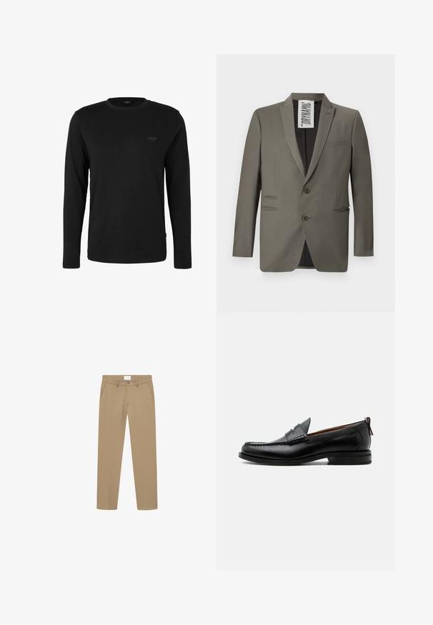 Blazer gris avec une coupe ajustée, deux boutons, revers crantés et poches latérales ; texture lisse avec un léger éclat.; T-shirt noir à manches longues et col rond avec un petit logo "JOOP! JEANS" sur la poitrine gauche, présenté sur un fond blanc uni.; Pantalon beige avec une texture lisse, coupe droite, poches avant et fermeture à bouton. Étiquette visible à la taille.; Mocassin homme en cuir noir avec couture moc toe, bride penny, col texturé et petit talon empilé sur fond blanc.