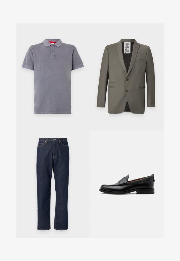 Grau blazer mit einer taillierten Passform, zwei Knöpfen, Reverskragen und seitlichen Taschen; glatte Textur mit einem dezenten Glanz.; Graues Poloshirt mit weicher Textur, Knopfleiste mit drei Knöpfen, kurzen Ärmeln und einem dezenten Logo auf der Brust. Akzentuiert mit einem roten Innenkragen.; Dunkelblaue Denimjeans mit geradem Bein-Design. Verfügt über einen Knopf- und Reißverschluss, fünf Taschen und Kontrastnähte.; Schwarzer Leder-Herrenschuh mit Mokassinnaht, Penny-Riemen, strukturiertem Kragen und niedrigem gestapeltem Absatz auf weißem Hintergrund.