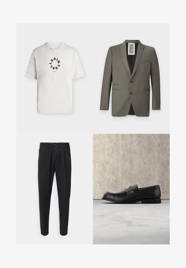 Blazer gris con un corte entallado, dos botones, solapas de muesca y bolsillos laterales; textura suave con un brillo sutil.; Camiseta blanca de manga corta con cuello redondo, con texto circular negro que dice "SAINT LAINT" y "LONDON" debajo del círculo.; Pantalones negros con pliegues frontales, piernas ajustadas y un cierre de botón en la cintura. Fabricados con un tejido suave y de textura uniforme.; Mocasín de cuero negro con una placa metálica de marca apoyado cerca de una mesa redonda marrón sobre un suelo alfombrado beige.