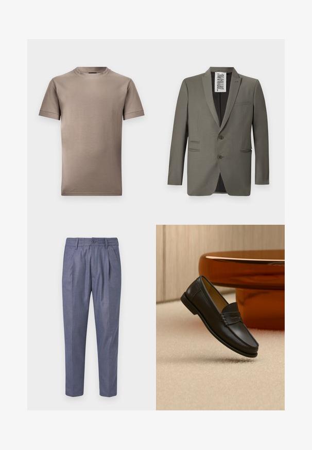 Grijze blazer met een getailleerde pasvorm, twee knopen, notch-revers en zijzakken; gladde textuur met een subtiele glans.; Bruine t-shirt met korte mouwen van gladde stof, met een ronde halslijn en afgebiesde mouwen, met een schone, eenvoudige uitstraling.; Blauwe geweven broek met een tailored fit, met voorplooien, een knoopsluiting en een soepele textuur. Verkorte lengte met rechte benen.; Zwarte leren loaferschoen zwevend boven een beige tapijt met amberkleurige moderne meubels op de achtergrond.