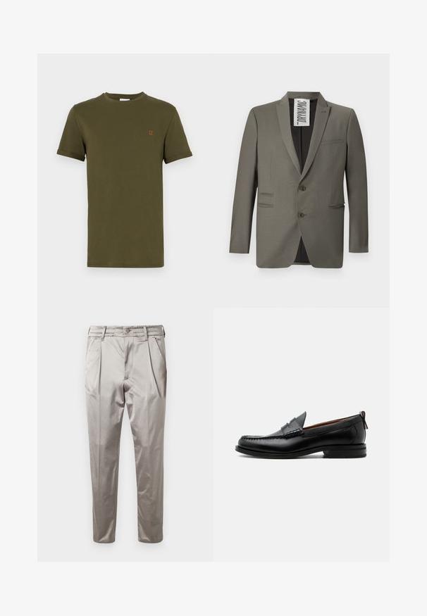 Grau blazer mit einer taillierten Passform, zwei Knöpfen, Reverskragen und seitlichen Taschen; glatte Textur mit einem dezenten Glanz.; Olivgrünes Baumwoll-T-Shirt mit kurzen Ärmeln, Rundhalsausschnitt und kleinem orangefarbenen gestickten "II"-Detail auf der Brust. Glatte Textur, einfaches Design.; Hellgraue plissierte Hose aus glattem Stoff, mit elastischem Bund und schmal zulaufenden Beinen. Keine sichtbaren Taschen.; Schwarzer Leder-Herrenschuh mit Mokassinnaht, Penny-Riemen, strukturiertem Kragen und niedrigem gestapeltem Absatz auf weißem Hintergrund.