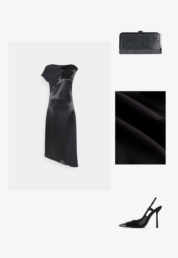 Tissu noir avec une surface lisse et texturée, présentant de douces ondulations et des plis. Le matériau semble doux et moelleux.; Calvin Klein NAIA SHINE MIDI DRESS - Robe de soirée - black; Mocassin noir à talon slingback avec un bout pointu et un cap en métal brillant. Caractéristiques : un haut talon aiguille et une sangle fine autour de la cheville. Texture en cuir lisse.; Pochette rectangulaire noire recouverte de petits perles brillantes avec un cadre métallique argenté et un fermoir en haut.