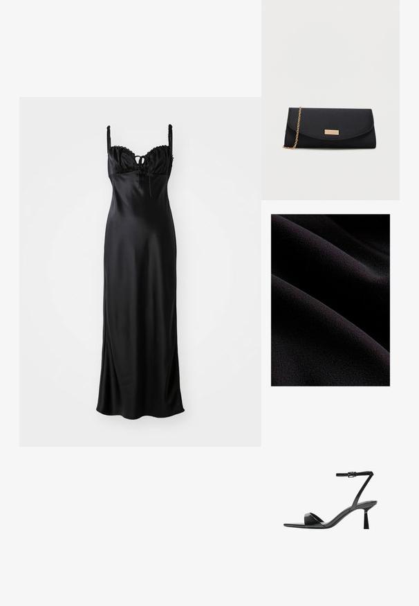 Schwarzer Stoff mit einer glatten, strukturierten Oberfläche, die sanfte Wellen und Falten aufweist. Das Material erscheint weich und flauschig.; Schwarzes Satin-Maxikleid mit einem taillierten Oberteil, gewelltem Spitzenbesatz, verstellbaren Spaghetti-Trägern und einer Frontbindedetail.; Bershka High Heel Sandalette - black; Schwarze Umschlag-Clutch mit einer goldenen Kettenriemen und einem kleinen goldenen rechteckigen Logo-Emblem auf dem vorderen Klappen.