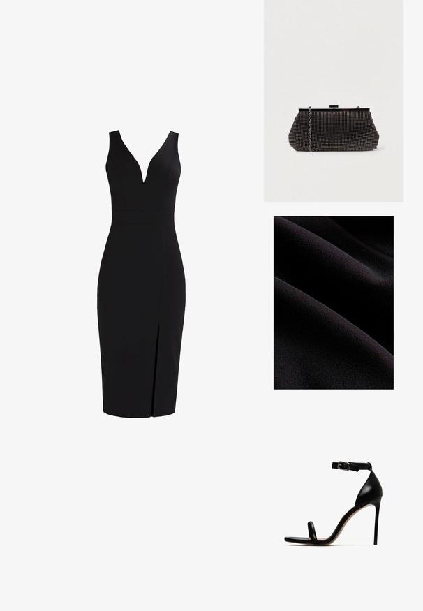 Tissu noir avec une surface lisse et texturée, présentant de douces ondulations et des plis. Le matériau semble doux et moelleux.; Robe noire sans manches avec un décolleté en V profond, silhouette ajustée, longueur genou et une fente à l'avant pour un détail supplémentaire. Texture de tissu lisse.; Sandale noire à talons hauts avec une bride de cheville, présentant une finition en cuir lisse, un design à bout ouvert et un talon stiletto élancé.; Pochette noire en mesh avec une silhouette structurée, ornée de petits clous métalliques, dotée d'une fermeture à clip et d'une bandoulière en chaîne détachable.