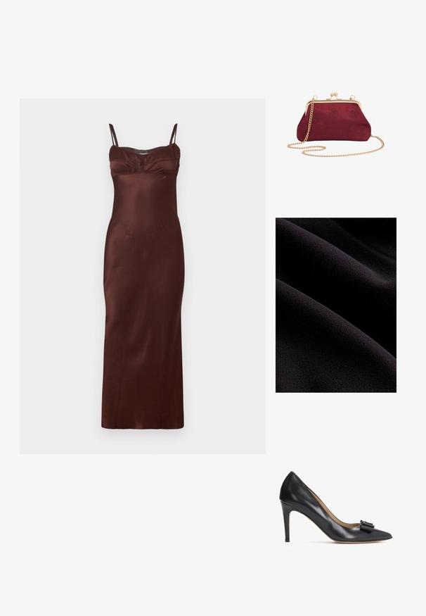 Schwarzer Stoff mit einer glatten, strukturierten Oberfläche, die sanfte Wellen und Falten aufweist. Das Material erscheint weich und flauschig.; Satin-Midikleid in Dunkelbraun mit dünnen verstellbaren Trägern, tailliertem Oberteil, gerafftem Detail an der Brust und glatter Textur.; Schwarze Leder-Pump mit hohen Absätzen und spitzem Zehenbereich, ausgestattet mit einem dekorativen Schleifchen und einem schmalen Stiletto-Absatz. Glatte Oberfläche.; Burgunderfarbene Satin-Clutch mit geprägten Blumenmustern, goldfarbigem Metallrahmen und einem abnehmbaren Kettenriemen für vielseitige Trageoptionen.