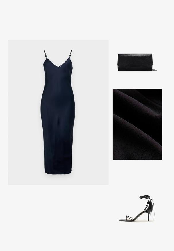 Tela negra con una superficie suave y texturada, que presenta suaves ondas y pliegues. El material parece blando y mullido.; Vestido sin mangas de color azul marino, con tirantes finos, escote en V, textura suave y silueta ajustada, que llega a mitad de la pantorrilla.; Sandalia negra de tacón alto con finas tiras, lazo alrededor del tobillo y tacón de aguja de altura media sobre fondo blanco.; Clutch de cuero negro con una textura suave, forma rectangular y detalles con borde en la parte delantera. Incluye una correa de cadena desmontable.