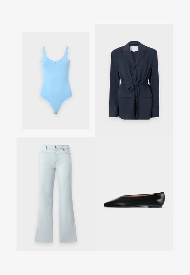 Blazer bleu marine en tissu lisse, avec col cranté, fermeture à un bouton, deux poches avant et ceinture à la taille pour ajustement.; Body sans manches bleu clair avec encolure dégagée et bordure blanche, avec un petit logo centré sur la poitrine.; Jean flare bleu clair en denim. Il présente un design classique à cinq poches et une fermeture à bouton à l'avant. Texture lisse sur toute la surface.; Chaussure plate en cuir noir pour femme, avec bout pointu et petit talon, vue de côté sur un fond gris clair uni.