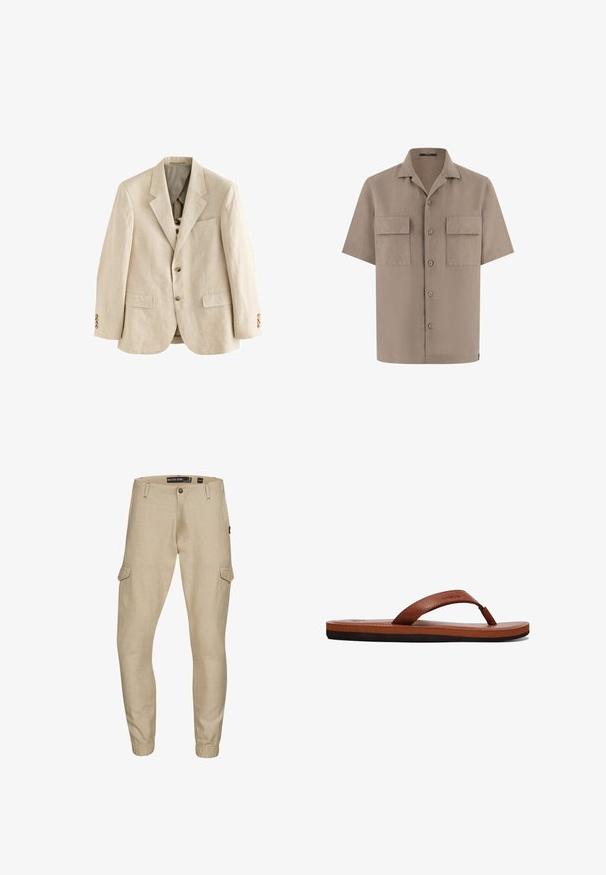 Beige linnen blazer met gelogen revers, twee voorzakken, drie bruine knopen op elke mouw en een enkele borstzak.; Beige overhemd met korte mouwen, knopen aan de voorkant, twee klepzakken voorop en een spreidkraag, tentoongesteld op een witte achtergrond.; Beige cargobroeken met elastische cuffs, gemaakt van lichtgewicht materiaal. Voorzien van twee zijzakken en een knoopsluiting bij de tailleband.; Bruine leren flip-flops met een gestructureerde band, een gevoerde voetbed en een zwarte rubberen zool. Zijkant van het ontwerp benadrukt de slanke stijl.