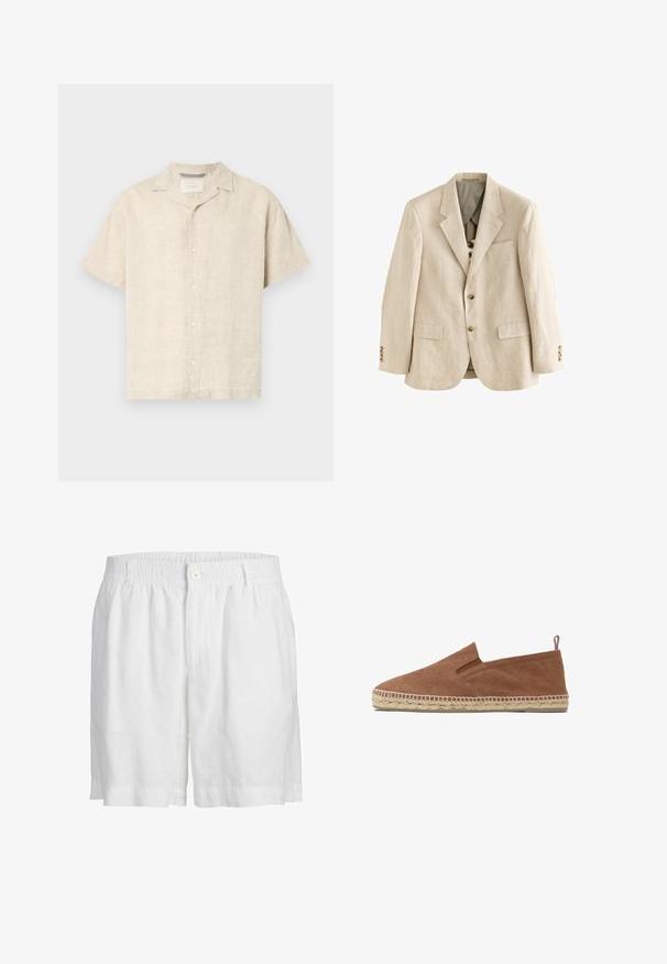 Béžový ľanový blazer s vykrojenými klopami, dvoma prednými vreckami, tromi hnedými gombíkmi na každom rukáve a jedným prsným vreckom.; Svetlo béžová kratká košeľa s krátkym rukávom na gombíky vyrobená z ľanu, s klobúkovým golierom, čistými líniami a jemnou textúrou, s piatimi prednými gombíkmi.; Biele ľanové šortky s elastickým pásom a malým gombíkom. Majú voľný strih a mierne rozšírené otvory na nohavice.; Hnedá plátenná espadrila na šmyk s tkanou podrážkou z jutového vlákna a malou textilnou slučkou na päte, na bielom pozadí.