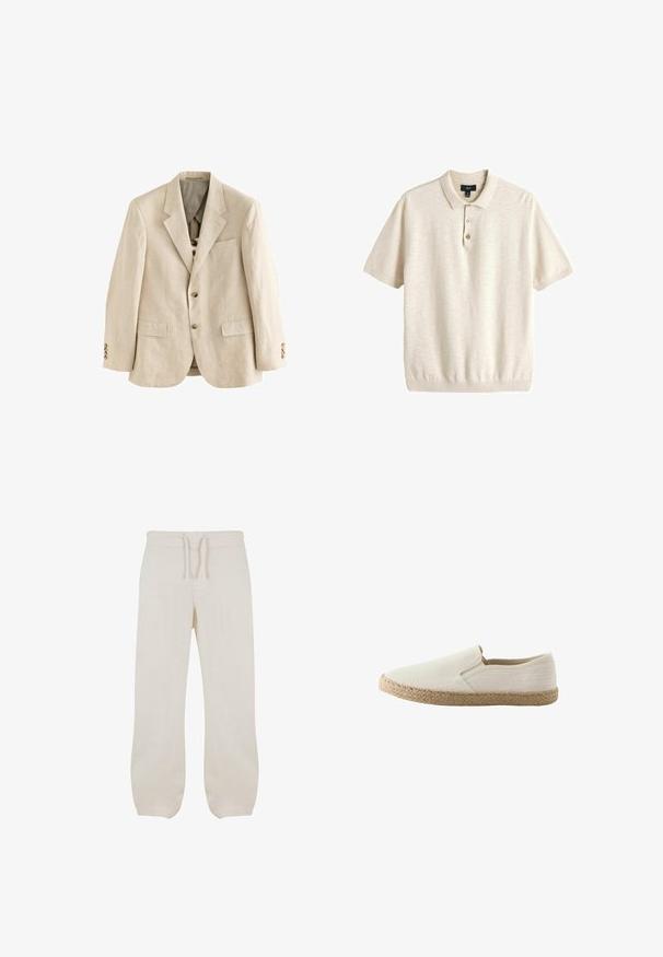 Beige linned blazer med notched lapels, to frontlommer, tre brune knapper på hver ærme og en enkelt brystlomme.; Kortærmet beige polo-shirt med krave og tre knapper foran, medium størrelse, lavet af blødt strikstof.; Lyse beige linned bukser med elastisk talje og snor. Lige ben-design med en glat tekstur og let indsnævring ved anklerne.; Beige slip-on sko med vævet juttesål og ensfarvet stofoverdel, set fra siden mod hvid baggrund.