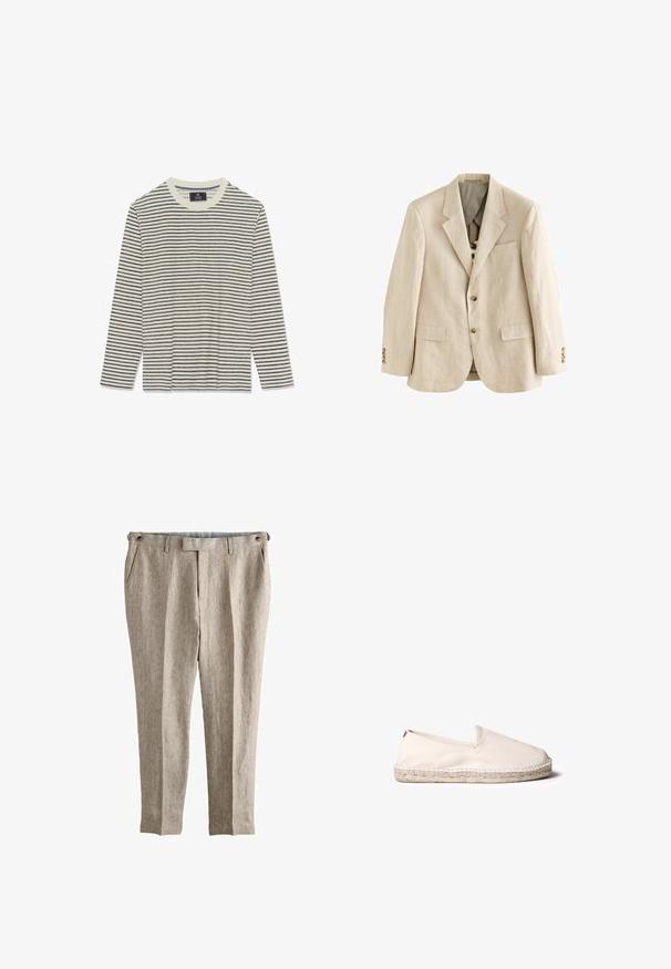 Beige linned blazer med notched lapels, to frontlommer, tre brune knapper på hver ærme og en enkelt brystlomme.; Langærmet skjorte med en cremet base og tynde marineblå striber. Har en rund hals og en blød tekstur. Ingen synlige logoer eller udsmykninger.; Beige hørslanke bukser med sidelommer, bæltestropper og knappede justerbare stropper ved taljen.; Lys beige espadrille med en overdel i canvas, elastisk åbning og en naturlig jute-sål. Har en struktureret overflade og minimalistisk design.