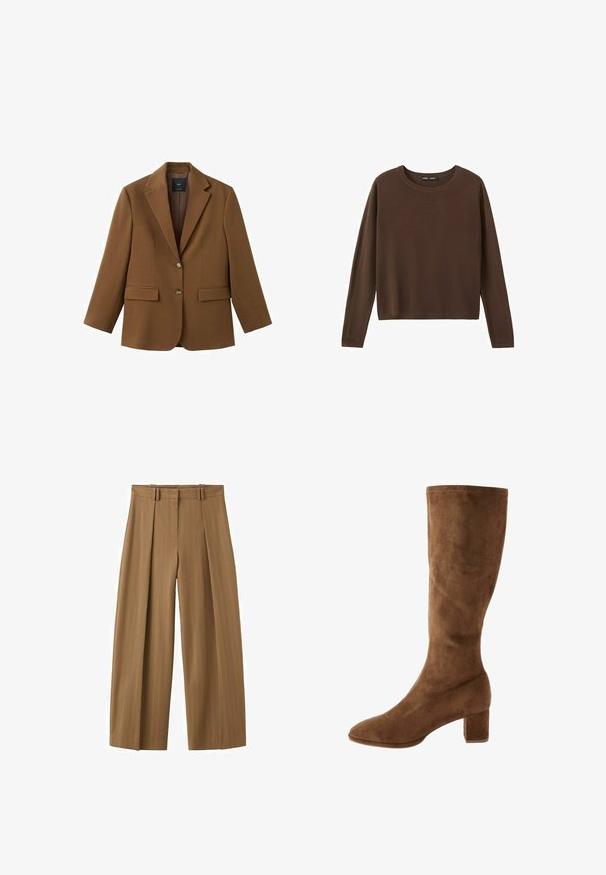 Brun skræddersyet blazer med notch revers, to knapper foran, klaplommer og lange ærmer, vist på en hvid baggrund.; Brun langærmet trøje med rund hals, med et enkelt, ensfarvet design og ribstrikket halsudskæring, ærmekanter og kant forneden.; Brune bukser med høj talje og vide ben med subtile nålestriber, frontlige læg, bæltestropper og en skjult frontlynlås.; Brun ruskind knæhøj støvle med spids tå og blokhæl. Glat tekstur med minimal syningsdetalje. Klassisk og enkel design.