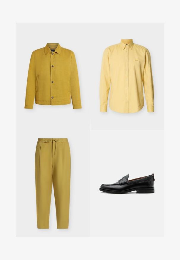 Veste jaune moutarde boutonnée avec manches longues, col et deux poches latérales verticales, affichée sur un fond clair uni.; Chemise à manches longues jaune clair avec col boutonné et petit logo brodé "BOSS" sur le côté gauche de la poitrine.; Pantalon jaune moutarde fuselé avec taille élastique et cordon, plis devant et coupe longueur cheville.; Mocassin homme en cuir noir avec couture moc toe, bride penny, col texturé et petit talon empilé sur fond blanc.