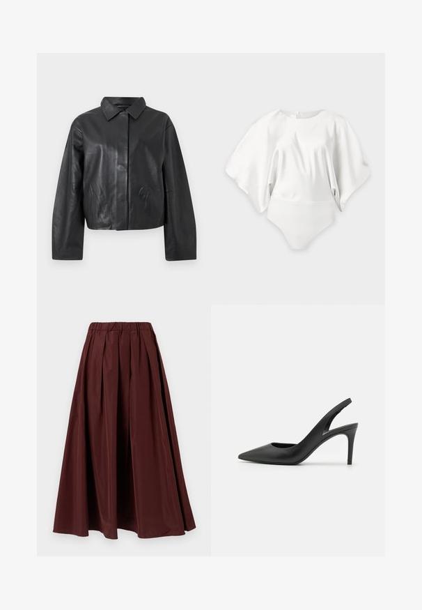 Veste en cuir noire à manches longues, col classique, et fermeture frontale cachée sur un fond clair uni.; Body blanc à manches larges et fluides avec un col rond, présenté sur un fond neutre.; Jupe longue bordeaux avec un design plissé et une ceinture élastique. Texture lisse, forme pleine, et longueur jusqu'au sol.; Escarpins à talon aiguille en cuir noir, avec un design à bout pointu, présentant une découpure à l'avant et un talon fin.
