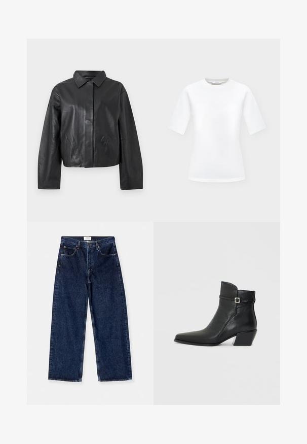 Sort læderjakke med lange ærmer, klassisk krave og skjult lukning foran mod en ensartet lys baggrund.; Plain hvid T-shirt med korte ærmer og rund halsudskæring med lige kant, vist på en neutral lysegrå baggrund.; Mørkeblå denim brede bukser med høj talje, forlommer og en glat tekstur med subtile stikningsdetaljer.; Sorte læder ankelstøvler med spids tå, en lav blokhæl og en dekorativ rem med en sølvspænde accent. Glat tekstur.