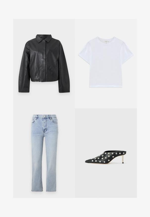Sort læderjakke med lange ærmer, klassisk krave og skjult lukning foran mod en ensartet lys baggrund.; Hvid cropped t-shirt lavet af blødt bomuld, med rund hals og korte ærmer og en let løs pasform. Ingen mønstre eller accenter.; Lys blå denim jeans med lige ben-design, fem lommer, en knap- og lynlåslukning samt synlige syninger.; STAND STUDIO KELSEY - Mules med hæl - black