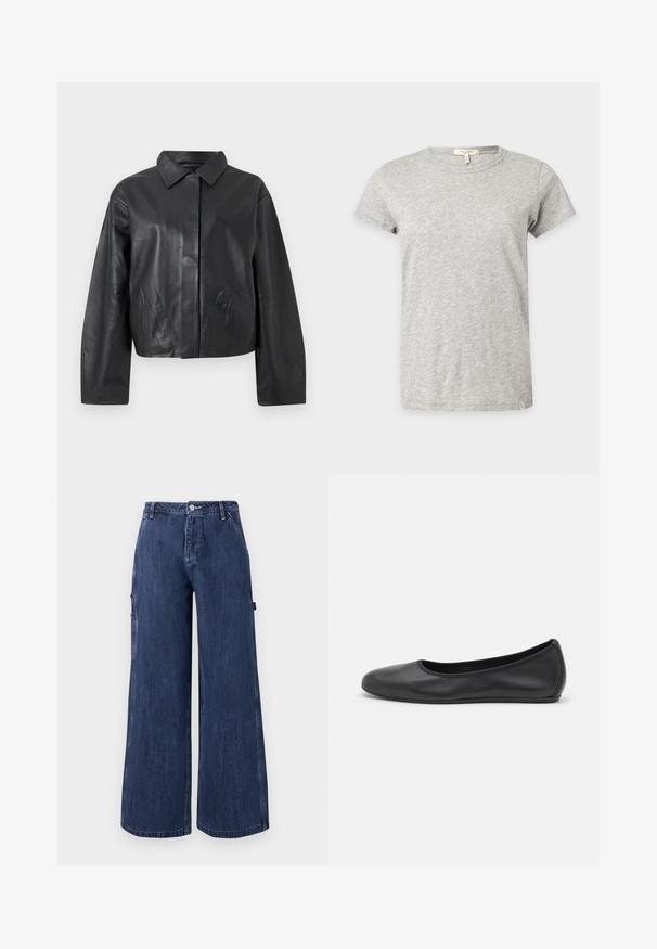 Veste en cuir noire à manches longues, col classique, et fermeture frontale cachée sur un fond clair uni.; T-shirt gris clair à manches courtes et col rond avec un motif chiné subtil affiché sur un fond uni.; Pantalon en denim bleu foncé à jambes larges, bouton sur le devant, fermeture éclair, poches latérales et passants de ceinture, présenté sur un fond blanc uni.; Ballerines en cuir noir avec un bout rond, texture lisse, détails de couture minimalistes et design de semelle flexible.