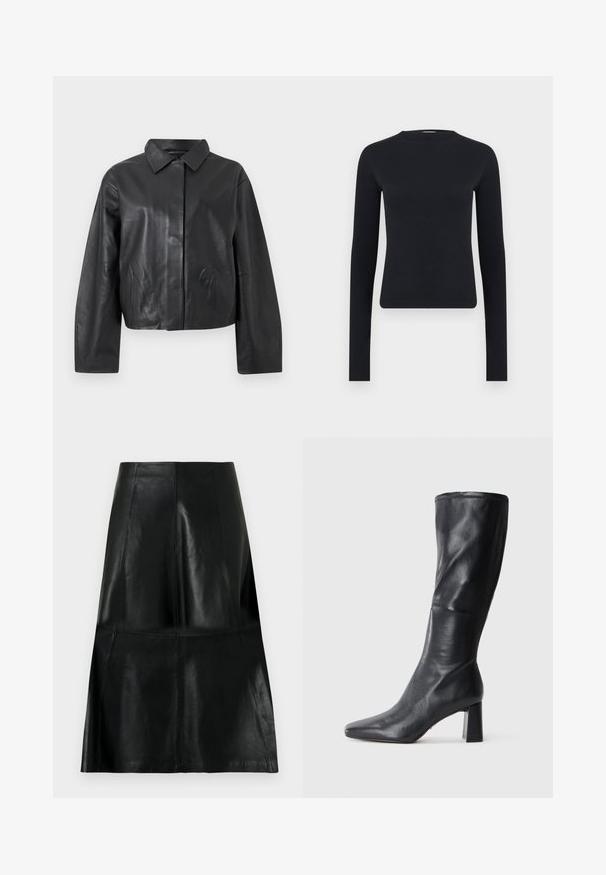 Zwarte leren jas met lange mouwen, klassieke kraag en verborgen sluiting aan de voorkant tegen een effen lichte achtergrond.; Zwart, langemouwen, nauwsluitend crop top met ronde hals, gemaakt van geribbelde gebreide stof, getoond op een effen lichtgrijze achtergrond.; Zwarte leren rok tot op de knie met gestikte verticale en horizontale paneelnaden, licht uitlopend aan de onderkant.; Zwarte leren kniehoge laars met een spitse neus en een chunky hak. Gladde textuur met een gestroomlijnd ontwerp en subtiele stikdetails.