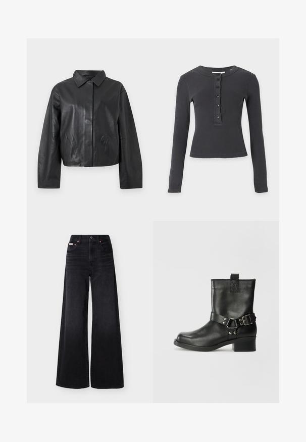 Sort læderjakke med lange ærmer, klassisk krave og skjult lukning foran mod en ensartet lys baggrund.; Langærmet, mørkegrå ribstrikket skjorte med rund hals og fem sorte knapper ned langs fronten.; Sorte jeans med vide ben, høj talje, forreste knap og lynlås, bæltestropper og femlommedesign.; Samsøe Samsøe SABRENTA - Cowboy- / bikerstøvlette - black