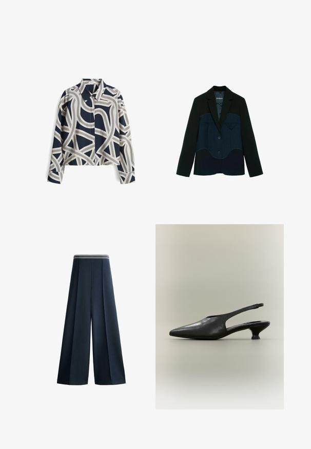 Zwarte blazer met marineblauw krijtstreep paneel over de borst en twee knopen, met een klein driehoekig zakje aan de rechterkant.; Marineblauw en crème gestreept shirt met lange mouwen, kraaghalslijn en abstract lijnontwerp; katoenmix stof, relaxed fit.; Marineblauwe broek met wijde pijpen en hoge elastische tailleband met witte horizontale strepen, voorplooien en een losse pasvorm.; Zwarte leren slingback schoen met puntige neus en lage kittenhak op een neutrale achtergrond.