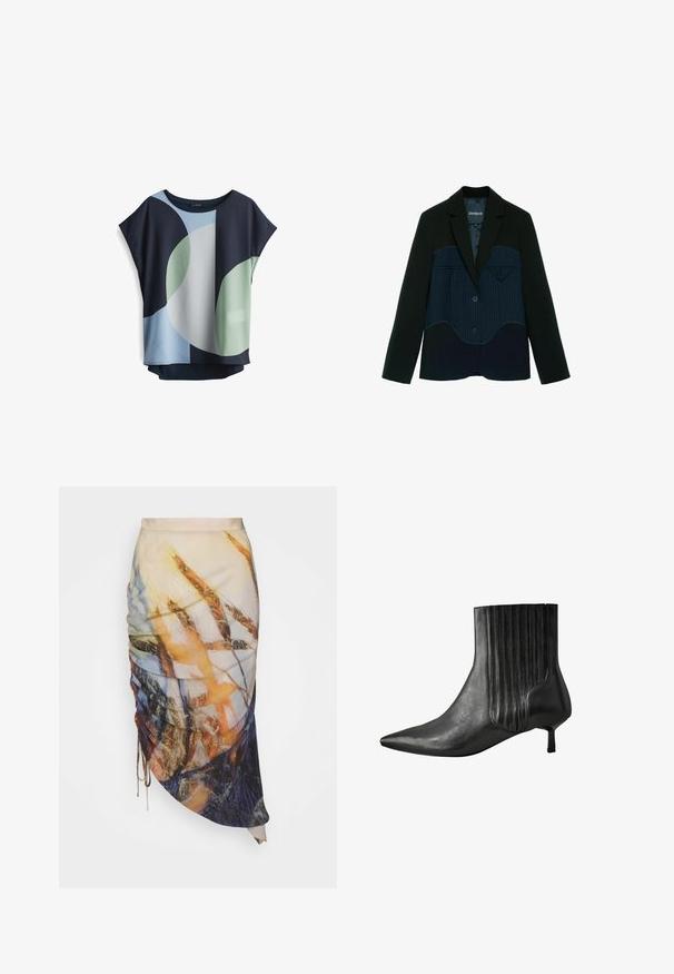 Schwarzer Blazer mit marineblauem Nadelstreifen-Panel über der Brust und zwei Knöpfen, mit einer kleinen dreieckigen Tasche auf der rechten Seite.; Kurzarmbluse in Marineblau, Hellblau und Grün. Mit abstrakten, kreisförmigen Mustern und einer lockeren Passform sowie einem runden Ausschnitt.; Materiel DIAGONAL GATHERED SKIRT - Bleistiftrock - golden hour; Schwarze Leder-Stiefelette mit einer spitzen Zehenform, geribbeltem Seitendesign und einem niedrigen, quadratischen Absatz. Glatte Textur mit glänzendem Finish.