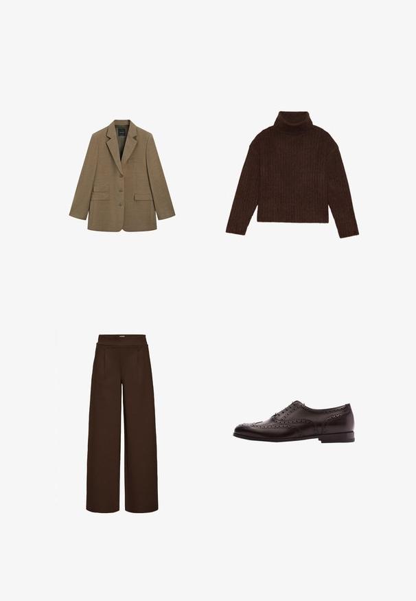 Brauner, maßgeschneiderter Blazer mit drei Knöpfen, Stegkragen und drei Vordertaschen, vor weißem Hintergrund dargestellt.; Brauner gerippter Rollkragensweater mit langen Ärmeln und einer kurzen Silhouette, der ein dickes, strukturiertes Strickdesign aufweist.; Braune weit geschnittene Hose aus glattem Stoff mit hohem Bund und zwei Vorderfalten, entworfen für einen lockeren Sitz.; Braune Leder-Hausschuhe mit Broguedetails, Schnürverschluss, runder Zehenform und niedrigem Blockabsatz. Polierte Oberfläche und filigrane Perforationen.