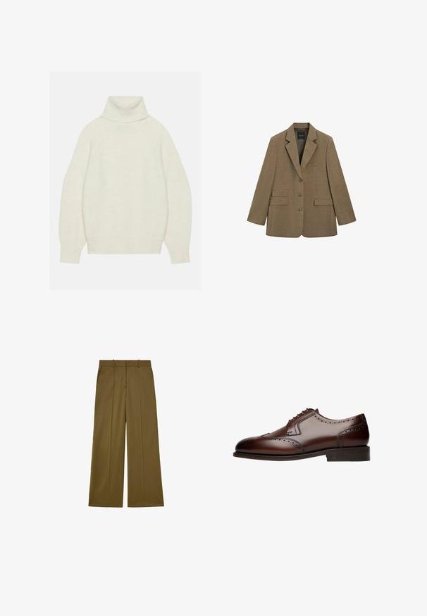 Bruine op maat gemaakte blazer met drie knopen, notch-reverskraag en drie voorzakken, afgebeeld tegen een witte achtergrond.; Romper met col in crèmekleur, gemaakt van zacht breimateriaal. Beschikt over een ontspannen pasvorm, raglanmouwen en geribde manchetten en zoom.; Rechte olijfgroene broek met ceintuurlussen, voorzakken en een plooi in het midden van elk been.; Bruine leren nette schoen met brogue-details, ronde neus en vetersluiting met vijf oogjes, rustend op een platte, gestructureerde zool.