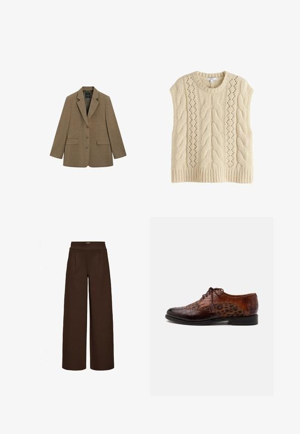 Brun skræddersyet blazer med tre knapper, revers med hak og tre forlommer, vist mod en hvid baggrund.; Kremfarvet strikket ærmeløs vest med kabel- og diamantmønstre, ribbet halsudskæring og kant, fladt lagt på hvid baggrund.; Brune vide bukser lavet af glat stof, med en høj talje og to frontfolder, designet til en løs pasform.; Brun lædersko til kjole med krokodilletekstur og leopardprint stofpaneler, snørebånd og kvastdetalje på siden.