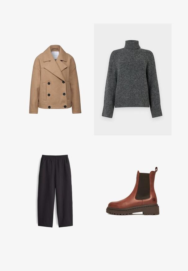 Dubbelzijdig bruin wollen jasje met zwarte knopen, brede revers en twee voorzakken. Zachte textuur en een relaxte pasvorm.; Grijze wollen turtleneck trui met een relaxte pasvorm, met lange mouwen en een gestructureerd breipatroon. Zacht en warm materiaal.; Zwarte, wijde broek gemaakt van een gladde stof. Voorzien van een elastische tailleband en twee zakken aan de zijkant, met zichtbare stikdetails.; Bruine leren Chelsea-laars met een grove zool, elastisch zijpaneel, trekkoordje bij de hiel en subtiel logo nabij de zool, op een witte achtergrond.