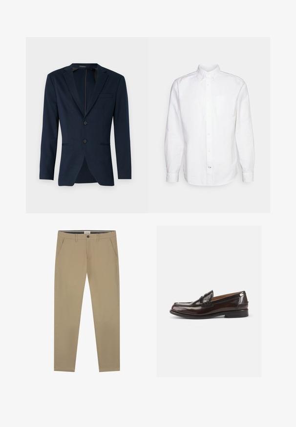 Blazer azul marino con solapa de muesca, dos botones frontales y un bolsillo en el pecho, hecho de una tela suave. Corte ajustado.; GAP STANDARD OXFORD - Camisa - white; Chinos beige confeccionados en suave algodón, con un diseño de pierna recta, un cierre de un solo botón y dos bolsillos laterales. Detalles de costura sutil.; Mocasines de cuero marrón con un acabado brillante, un diseño cosido en la punta y un tacón bajo. Detalle de marca en relieve en el lateral.