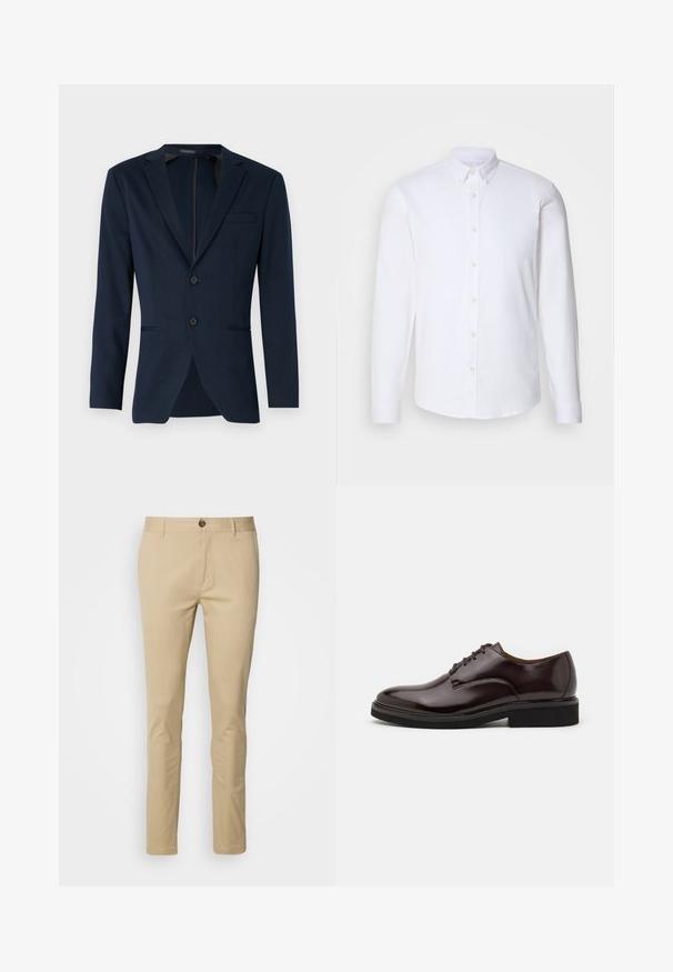 Blazer bleu marine avec un revers cranté, deux boutons sur le devant et une poche poitrine, fabriqué en tissu lisse. Coupe ajustée.; Chemise blanche à manches longues avec boutons, fabriquée dans un tissu lisse, dotée d'un col classique, de huit boutons sur le devant et de poignets standards.; Chinos beige avec une coupe slim, en coton. Comprend une fermeture à bouton, des passants de ceinture et des détails de couture subtils sur les poches.; Chaussure Oxford en cuir marron avec une finition brillante, bout rond, lacets, et une semelle en caoutchouc noir épaisse. Détail de couture sur le dessus.