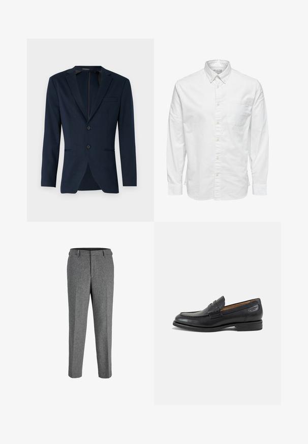 Tummansininen pukuverho, jossa on satiinireunus, kaksi etupainiketta ja yksi rintatasku, valmistettu sileästä kankaasta. Slim fit -malli.; Valkoinen pitkähihainen nappipaita, jossa on kaulus ja rintatasku, kauluksen sisäpuolella merkintä "Selected Homme".; Harmaat villasekoitehousut suoralla leikkauksella, joissa on suora etuosa, vyölenkit ja teksturoitu viimeistely.; Miesten musta nahkainen loafer, jossa ommellut yksityiskohdat, matala pinottu korko ja kapea remmi päällisosan yli, sivulta esitetty valkoisella taustalla.