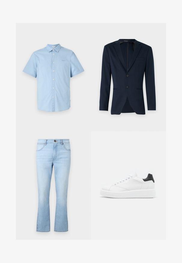 Námornícky modrý blazer s klopovým golierom, dvoma prednými gombíkmi a jednou prsníkovou vreckom, vyrobený z hladkého materiálu. Prispôsobený strih.; Krátky rukáv v svetlo modrej farbe s bielymi bodkami, zapínanie na gombíky, klasický golier a jemný logotyp na hrudi.; Svetlomodré rozšírené džínsy vyrobené z denimu, s piatimi vreckami, zapínaním na gombík a zips, a kontrastným prešitím. Majú mierne vybledlý vzhľad.; Biele kožené tenisky s čiernym pätkovým detailom, plochými šnúrkami, textúrovanou medzipodrážkou a logom na vonkajšej strane. Navrhnuté na neformálne nosenie.
