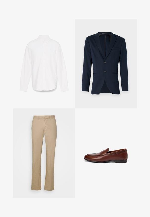 Navyblaues Blazer mit Reverskragen, zwei Frontknöpfen und einer einzelnen Brusttasche, aus einem glatten Stoff gefertigt. Passform: tailliert.; Weißes Hemd mit langen Ärmeln, Knopfverschluss und spitzem Kragen, mit einer einzelnen Tasche und einem dezent strukturierten Stoff. Mit Button-Manschetten und geradem Saum.; Beige gerade geschnittene Hosen aus Baumwollstoff mit flachem Bund und Gürtelschlaufen. Mit einem einzelnen Knopfverschluss und umgeschlagenen Säumen.; Brauner Lederloafer mit abgerundetem Zehenbereich, Ziernähten und einem kleinen oberen Riemen. Glatte Oberfläche mit niedrigem rechteckigem Absatz.