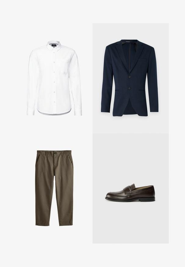 Navyblaues Blazer mit Reverskragen, zwei Frontknöpfen und einer einzelnen Brusttasche, aus einem glatten Stoff gefertigt. Passform: tailliert.; Weißes Langarmhemd aus Baumwolle mit einem Button-Down-Kragen, Fronttasche und abgerundetem Saum mit knopfbaren Manschetten.; Khaki-Chinos aus glattem Baumwollstoff, mit frontalen Taschen, Reißverschluss und Knopfverschluss. Gerader Schnitt mit schmalen Knöcheln.; Calvin Klein Slipper - cocoa brown