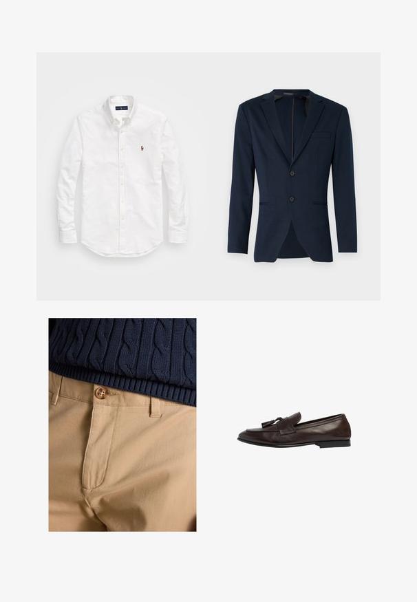 Navyblaues Blazer mit Reverskragen, zwei Frontknöpfen und einer einzelnen Brusttasche, aus einem glatten Stoff gefertigt. Passform: tailliert.; Weißes Hemd mit Knöpfen aus Baumwolle, mit langen Ärmeln, abgerundetem Saum und einem kleinen gestickten Logo auf der Brust.; Nahaufnahme von beigen Hosen mit Knopfverschluss kombiniert mit dem Saum eines marineblauen, kabelgestrickten Pullovers.; Braune Lederloafers mit niedrigem Absatz, ausgestattet mit einem breiten Riemen und dekorativen Quasten. Die glatte Textur und das klassische Design erhöhen die Vielseitigkeit.