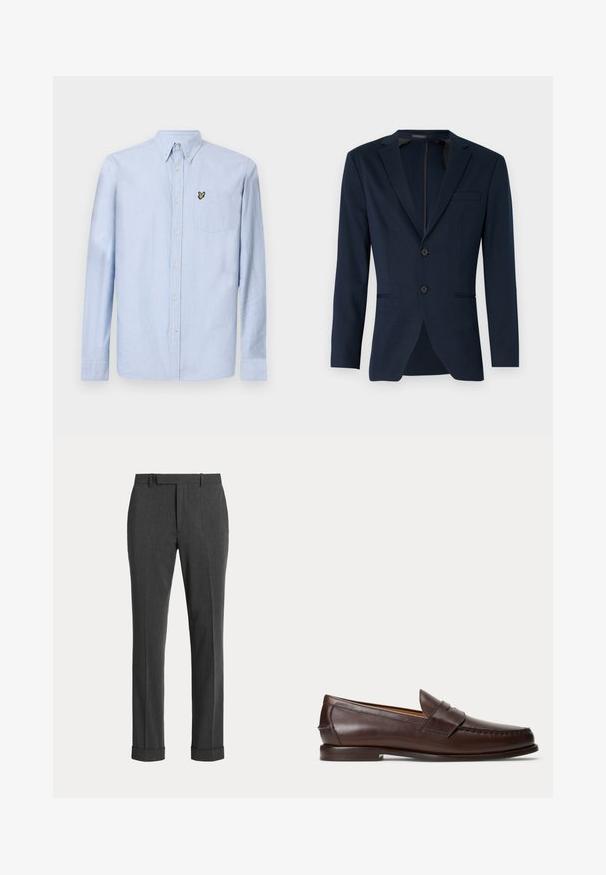 Navyblauwe blazer met een gelapte revers, twee voorknopjes en een enkele borstzak, gemaakt van een gladde stof. Aangesloten pasvorm.; Lichtblauwe langetermijnoverhemd met button-down kraag, borstzak en geborduurd logo. Gemaakt van textuurkatoenen stof.; Donkergrijze broek van gestructureerde stof, met rechte pijpen, riemlussen en opgerolde zoom.; Donkerbruine leren penny loafer met stikseldetails en lage gestapelde hak, van opzij gezien op een effen achtergrond.