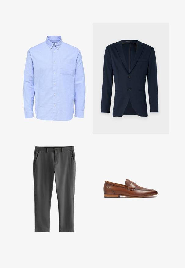 Námornícky modrý blazer s klopovým golierom, dvoma prednými gombíkmi a jednou prsníkovou vreckom, vyrobený z hladkého materiálu. Prispôsobený strih.; Svetlomodrá košeľa s dlhým rukávom na gombíky, s zapínacím golierom a jedným náprsným vreckom na ľavej strane.; Tmavosivé na mieru šité nohavice s pútkami na opasok, predné zapínanie na gombík a zips a šikmé bočné vrecká, zobrazené na bielom pozadí.; Hnedé kožené mokasíny s textúrovaným pásom, okrúhlou špičkou a nízkym vrstvovým podpätkom. Hladký povrch s jemnými prešívacími detailmi.