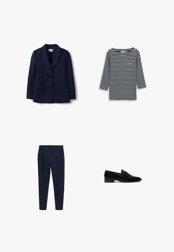 Blazer azul marino entallado con solapas con muesca, dos bolsillos frontales con solapa y dos botones, colocado sobre un fondo blanco.; Top de manga larga a rayas azul marino y blancas con un cuello ancho y detalle de texto bordado en el pecho izquierdo. Hecho de tela suave.; Pantalones de corte entallado en azul marino, con pasadores para cinturón, bolsillos laterales y un pliegue frontal.; Mocasines de cuero negro con un tacón plano, que presentan una correa rectangular en el empeine y una superficie lisa y pulida.